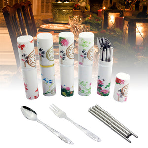 3PCS Chinese Style Cutlery Set Portable Stainless Steel Fork Chopsticks Boxed Spoon Set Delivered In Random Color